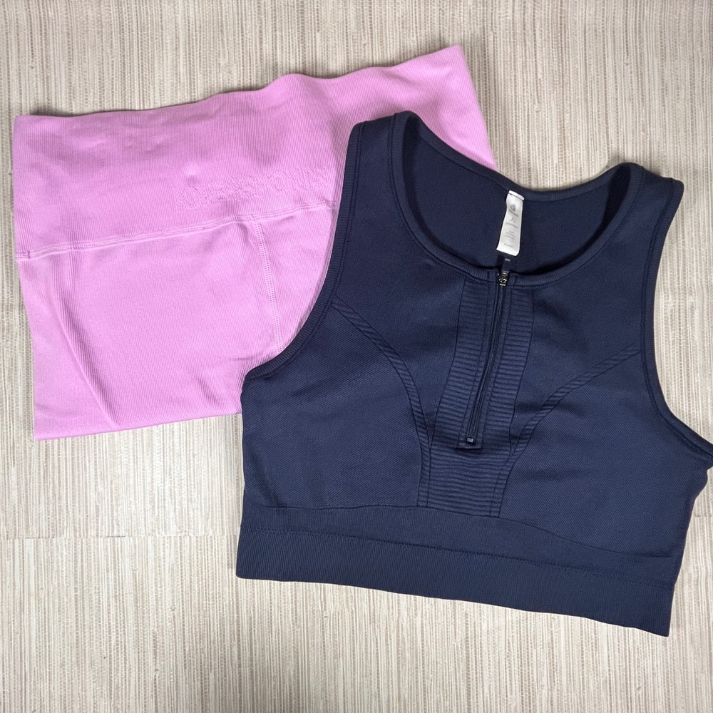 Love & Sports Pink Ribbed Seamless‎ Leggings 2XL & 90Degrees Navy Sports Bra XL